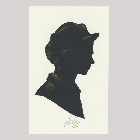 
        Front of silhouette, with boy looking right, wearing a hat.